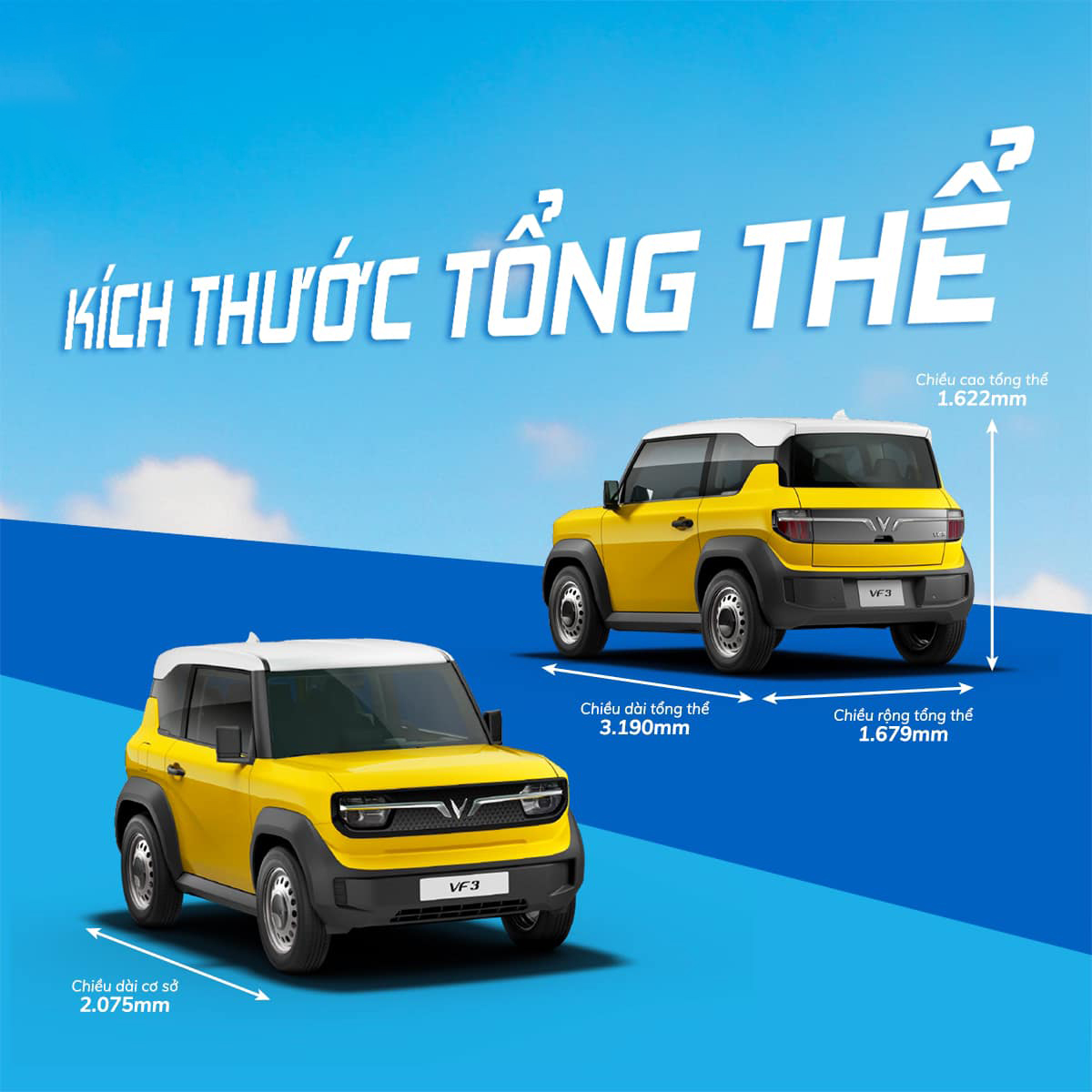 Sơ đồ kích thước tổng thể VF 3: 3.190 × 1.679 × 1.622 mm, cơ sở 2.075 mm